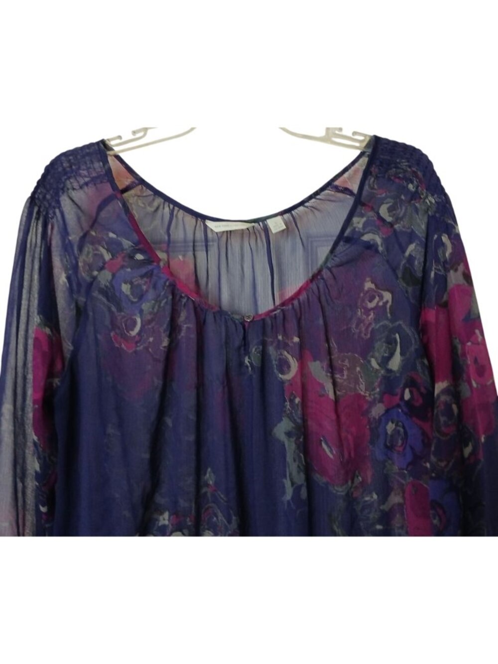 New York & Co Womens XL Sheer Floral Blouse Purple 3/4 Sleeve Drawstring *D-17 - Picture 3 of 11